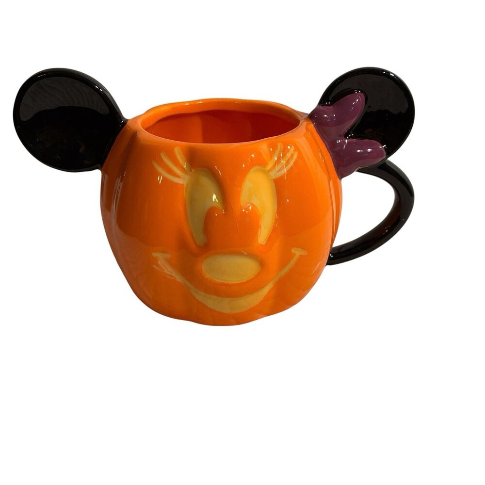 Disney Halloween Minnie Mouse Orange Pumpkin Shape Mug. Black Ears W/ Purple Bow